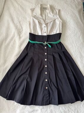 Finley Black & White Midi Dress with Green Belt